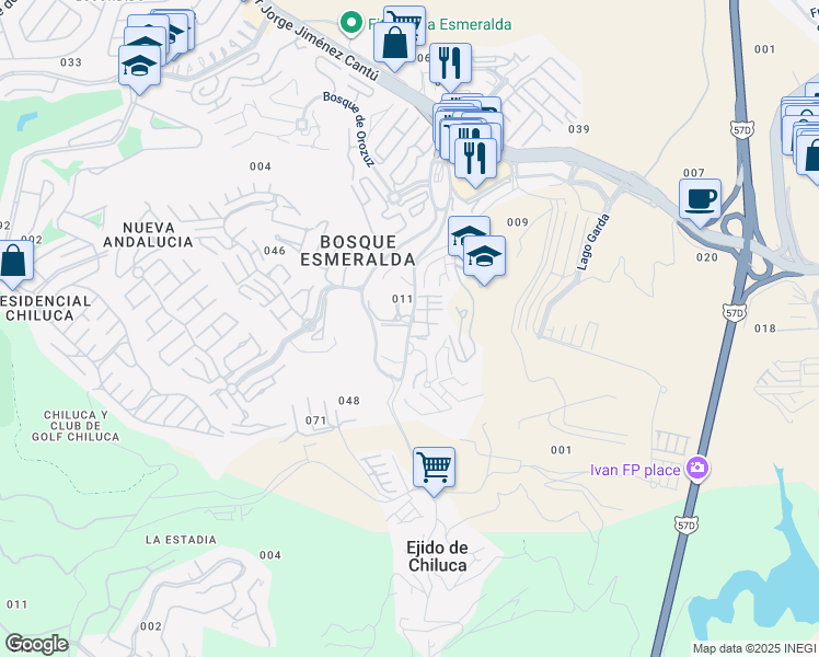 map of restaurants, bars, coffee shops, grocery stores, and more near 9 Avenida Bosque Esmeralda Oriente in Ciudad López Mateos