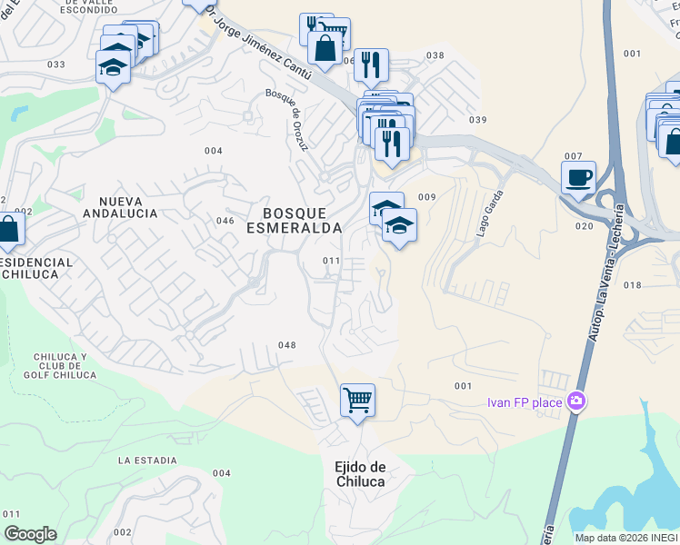 map of restaurants, bars, coffee shops, grocery stores, and more near 9 Avenida Bosque Esmeralda Oriente in Ciudad López Mateos
