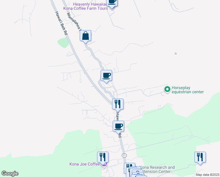map of restaurants, bars, coffee shops, grocery stores, and more near 104 Kahill Drive in Holualoa