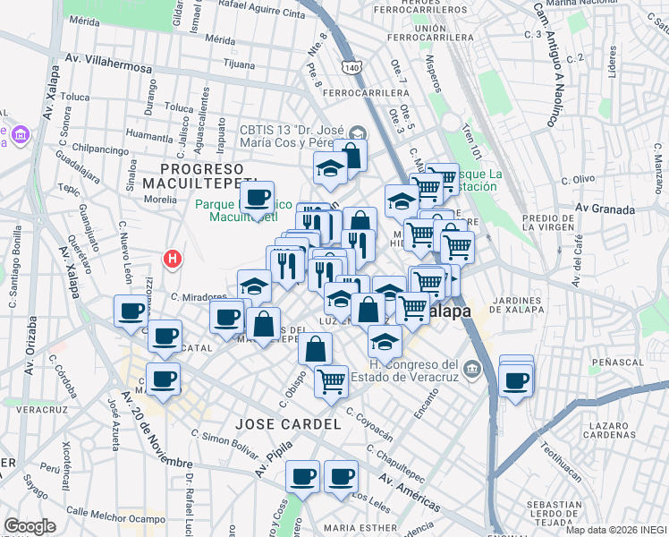 map of restaurants, bars, coffee shops, grocery stores, and more near Calle Gobernador Herrera Tejeda in Xalapa-Enríquez