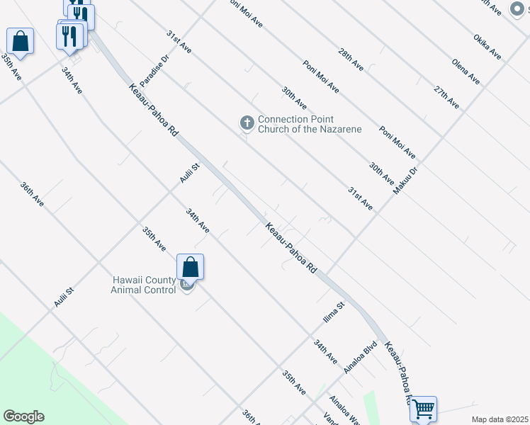 map of restaurants, bars, coffee shops, grocery stores, and more near 15-1897 Keaau-Pahoa Road in Keaau