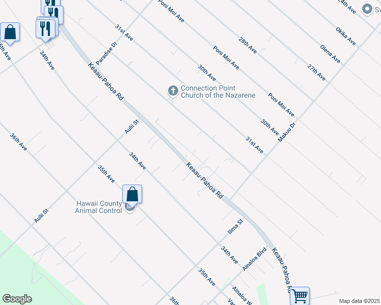 map of restaurants, bars, coffee shops, grocery stores, and more near 15-1897 Keaau-Pahoa Road in Keaau