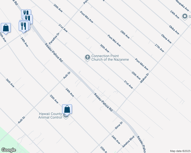 map of restaurants, bars, coffee shops, grocery stores, and more near 15-1878 32nd Avenue in Keaau