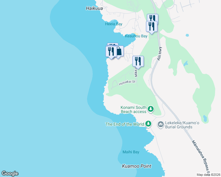 map of restaurants, bars, coffee shops, grocery stores, and more near 78-99 Holuakai Street in Kailua-Kona