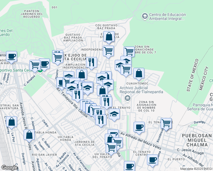 map of restaurants, bars, coffee shops, grocery stores, and more near Calle Coacalco in Tlalnepantla