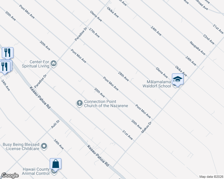 map of restaurants, bars, coffee shops, grocery stores, and more near 15-1871 30th Avenue in Keaau