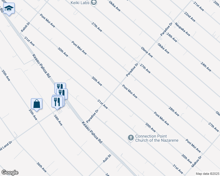 map of restaurants, bars, coffee shops, grocery stores, and more near 15-1741 30th Avenue in Keaau