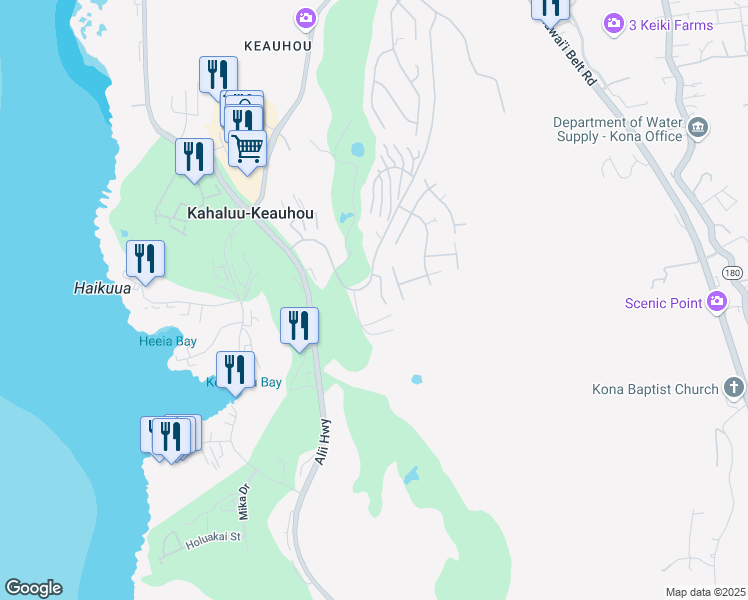 map of restaurants, bars, coffee shops, grocery stores, and more near 78-7065 Kaluna Street in Kailua-Kona
