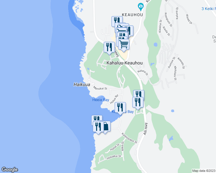 map of restaurants, bars, coffee shops, grocery stores, and more near 78-271 Manukai Street in Kailua-Kona
