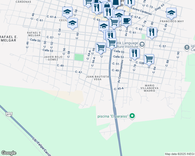 map of restaurants, bars, coffee shops, grocery stores, and more near in Felipe Carrillo Puerto