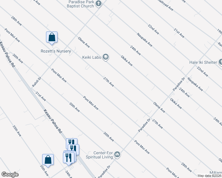 map of restaurants, bars, coffee shops, grocery stores, and more near 15-1649 27th Avenue in Keaau