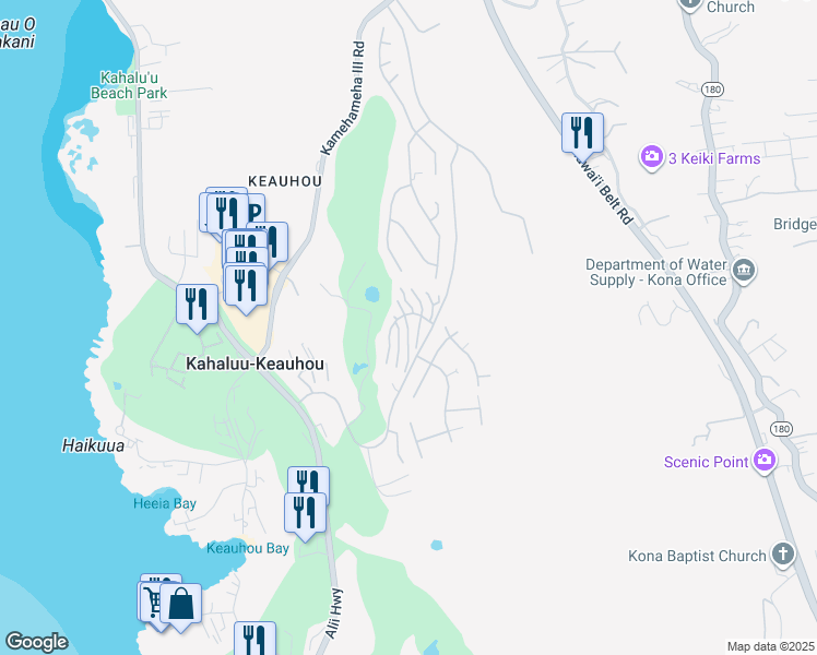 map of restaurants, bars, coffee shops, grocery stores, and more near 78-6984 Kewalo Street in Kailua-Kona