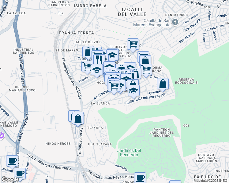 map of restaurants, bars, coffee shops, grocery stores, and more near Gustavo Baz in Tlalnepantla