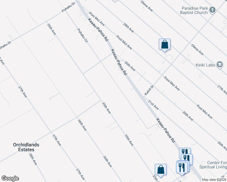 map of restaurants, bars, coffee shops, grocery stores, and more near 16-1478 Pohaku Circle in Hilo