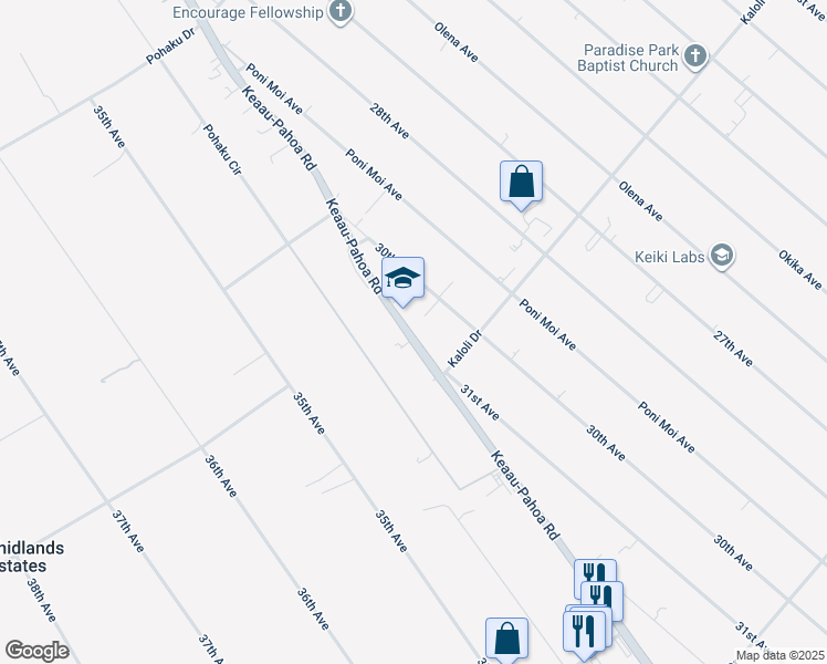 map of restaurants, bars, coffee shops, grocery stores, and more near 15-1491 Keaau-Pahoa Road in Keaau