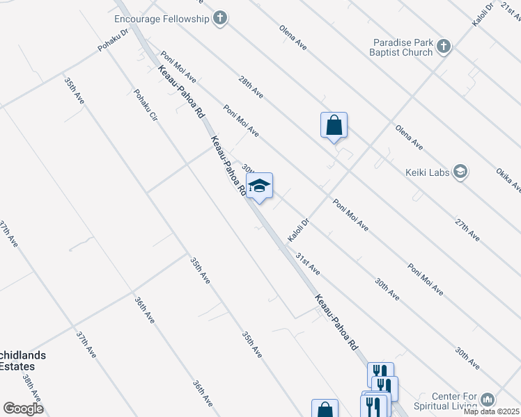 map of restaurants, bars, coffee shops, grocery stores, and more near 15-1491 Keaau-Pahoa Road in Keaau