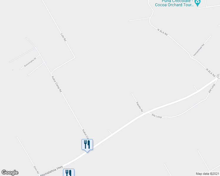 map of restaurants, bars, coffee shops, grocery stores, and more near 17-4099 Volcano Highway in Keaau