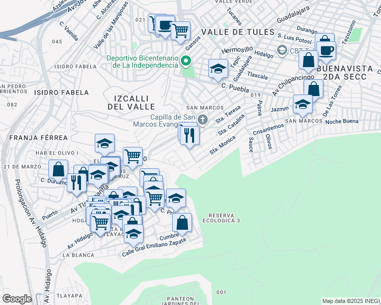 map of restaurants, bars, coffee shops, grocery stores, and more near Santa Monica in Buenavista