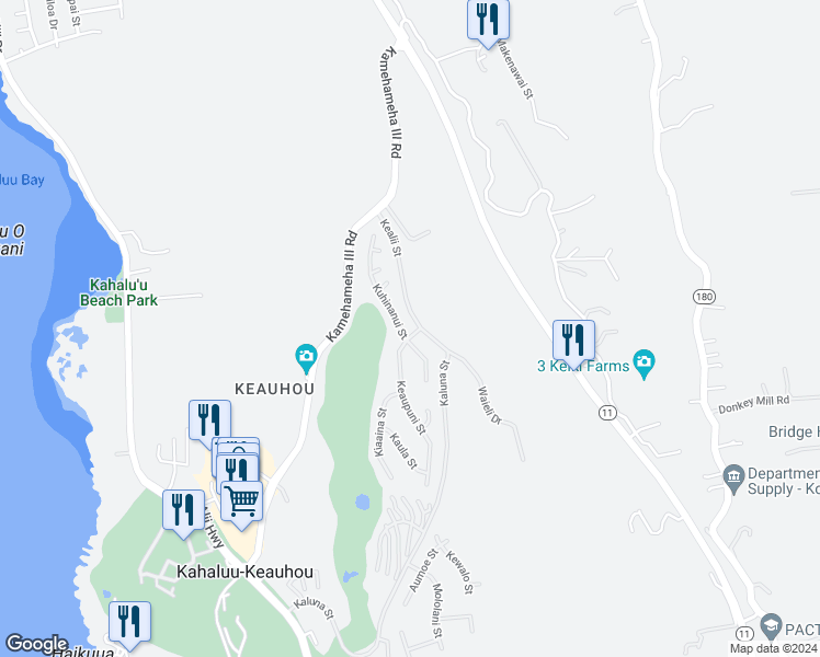 map of restaurants, bars, coffee shops, grocery stores, and more near 78-6863 Kuhinanui Street in Kailua-Kona