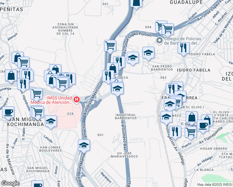 map of restaurants, bars, coffee shops, grocery stores, and more near Gustavo Baz in Tlalnepantla