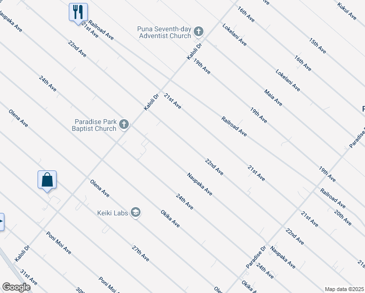 map of restaurants, bars, coffee shops, grocery stores, and more near 15-1594 22nd Avenue in Keaau