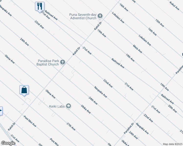 map of restaurants, bars, coffee shops, grocery stores, and more near 15-1594 22nd Avenue in Keaau
