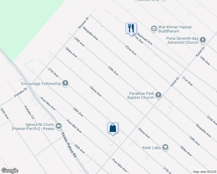 map of restaurants, bars, coffee shops, grocery stores, and more near 15-1434 25th Avenue in Keaau