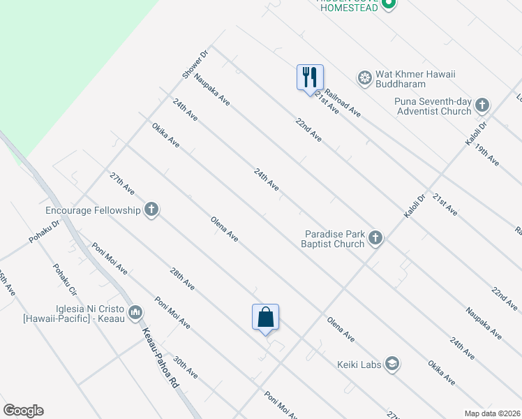 map of restaurants, bars, coffee shops, grocery stores, and more near 15-1434 25th Avenue in Keaau