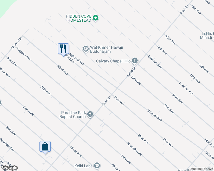 map of restaurants, bars, coffee shops, grocery stores, and more near 15-1294 Railroad Avenue in Keaau