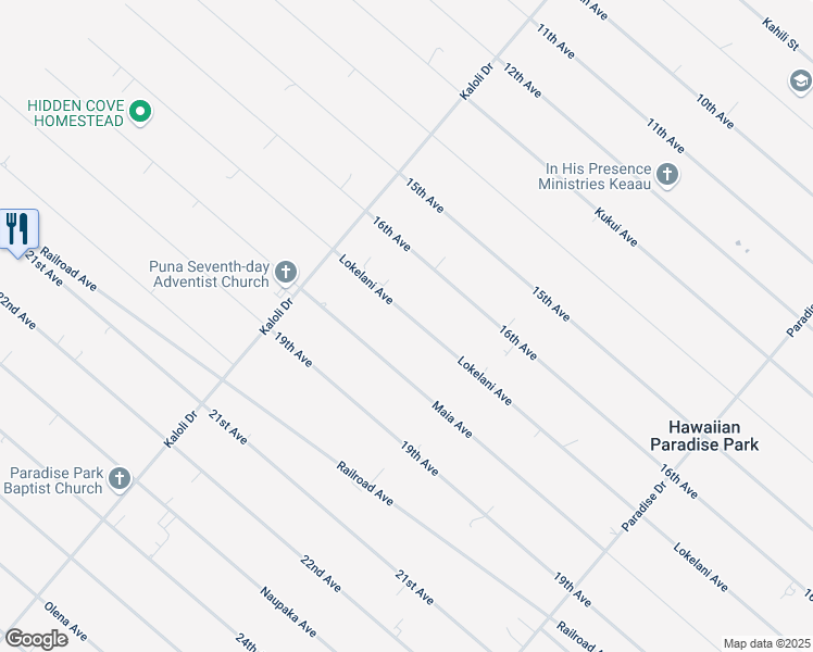 map of restaurants, bars, coffee shops, grocery stores, and more near 15-1590 Lokelani Avenue in Keaau