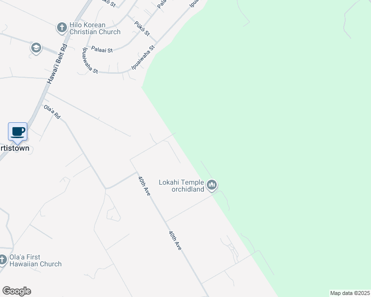 map of restaurants, bars, coffee shops, grocery stores, and more near 16-427 Pualani Street in Hilo