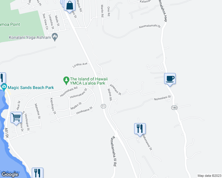 map of restaurants, bars, coffee shops, grocery stores, and more near 77-6653 Walua Road in Kailua-Kona