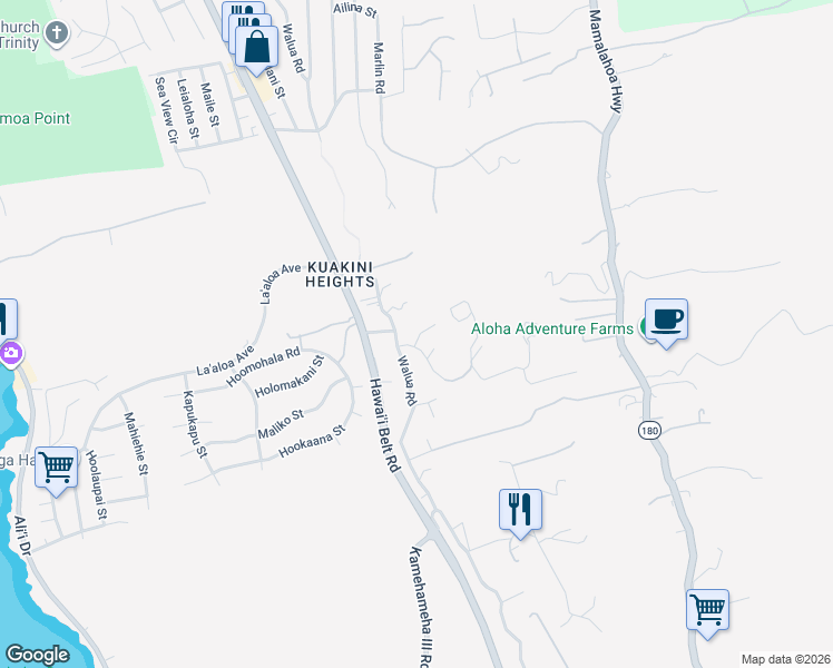 map of restaurants, bars, coffee shops, grocery stores, and more near 77-349 Paulina Place in Kailua-Kona