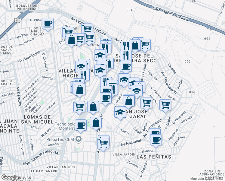 map of restaurants, bars, coffee shops, grocery stores, and more near 13 Orquídeas in Ciudad López Mateos