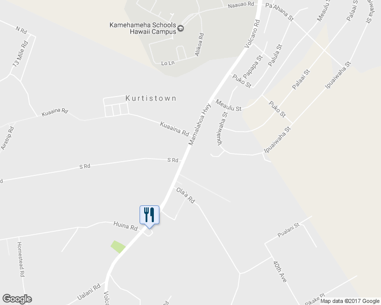 map of restaurants, bars, coffee shops, grocery stores, and more near 17-287 Volcano Road in Keaau