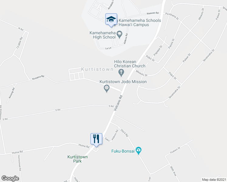 map of restaurants, bars, coffee shops, grocery stores, and more near 17-4013 Kuaaina Road in Keaau