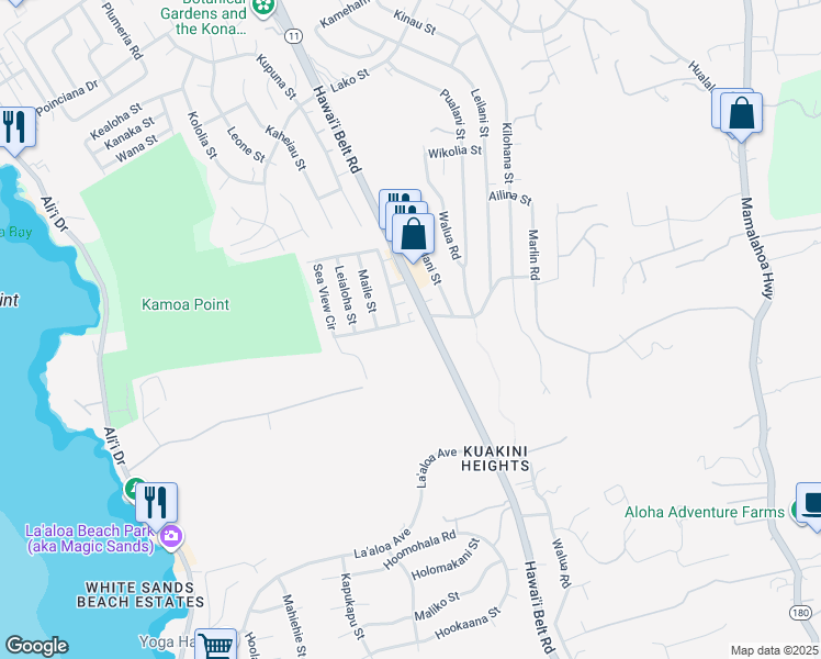 map of restaurants, bars, coffee shops, grocery stores, and more near 77-296 Kalani Way in Kailua-Kona
