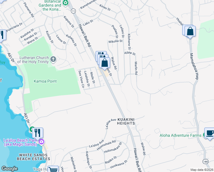 map of restaurants, bars, coffee shops, grocery stores, and more near 77-305 Kalani Way in Kailua-Kona