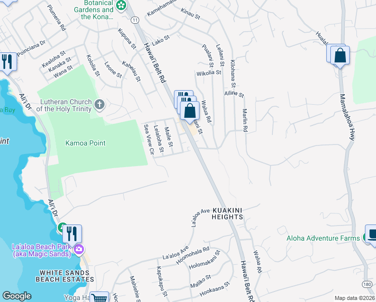 map of restaurants, bars, coffee shops, grocery stores, and more near 77 Kalani Way in Kailua-Kona