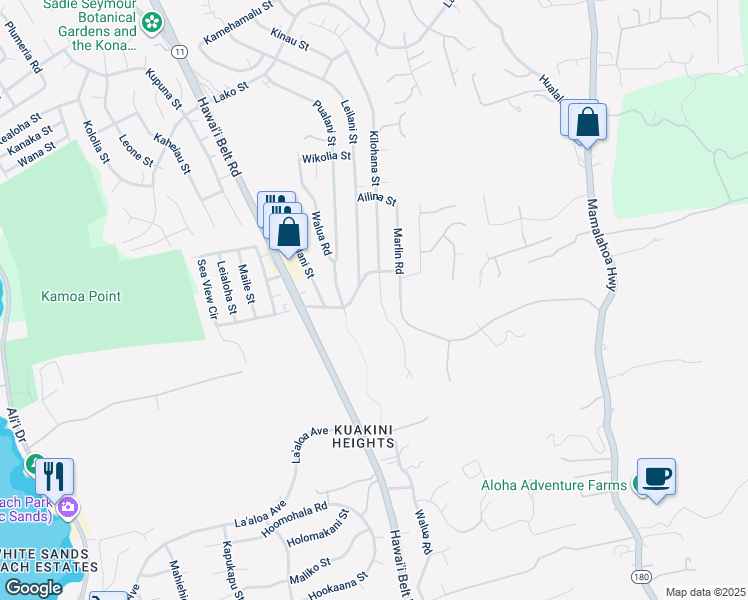 map of restaurants, bars, coffee shops, grocery stores, and more near 77-6499 Kilohana Street in Kailua-Kona