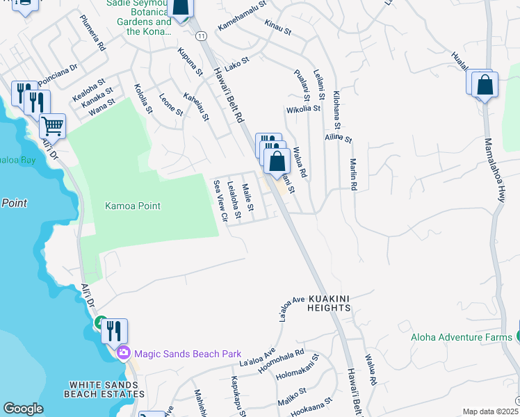 map of restaurants, bars, coffee shops, grocery stores, and more near 77-6503 Maile Street in Kailua-Kona