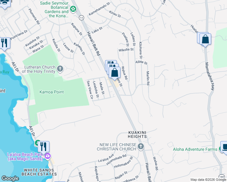 map of restaurants, bars, coffee shops, grocery stores, and more near 77-301 Noelani Way in Kailua-Kona