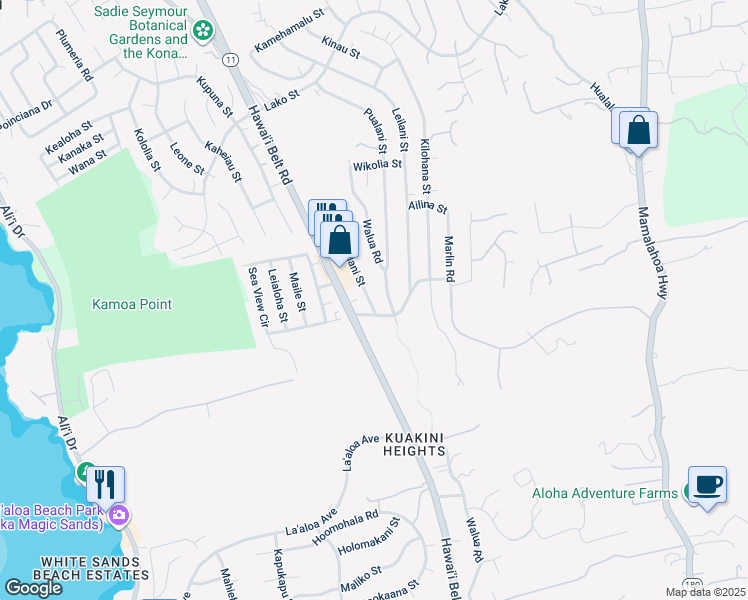 map of restaurants, bars, coffee shops, grocery stores, and more near 77-6449 Nalani Street in Kailua-Kona