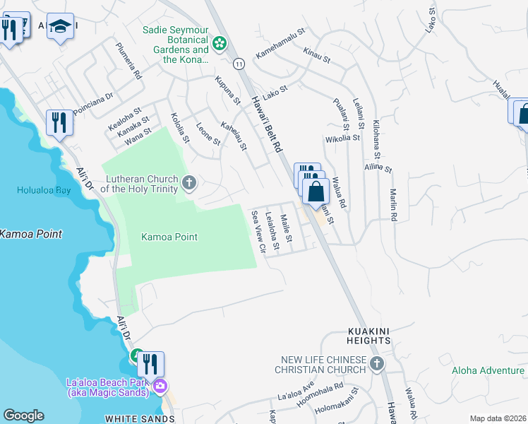 map of restaurants, bars, coffee shops, grocery stores, and more near 77-6478 Leialoha Street in Kailua-Kona