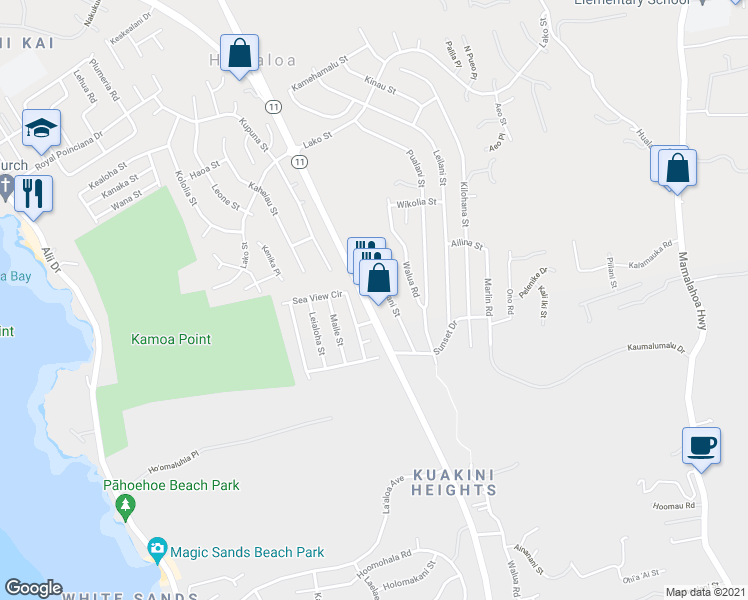 map of restaurants, bars, coffee shops, grocery stores, and more near 77-6419 Kuakini Highway in Kailua-Kona