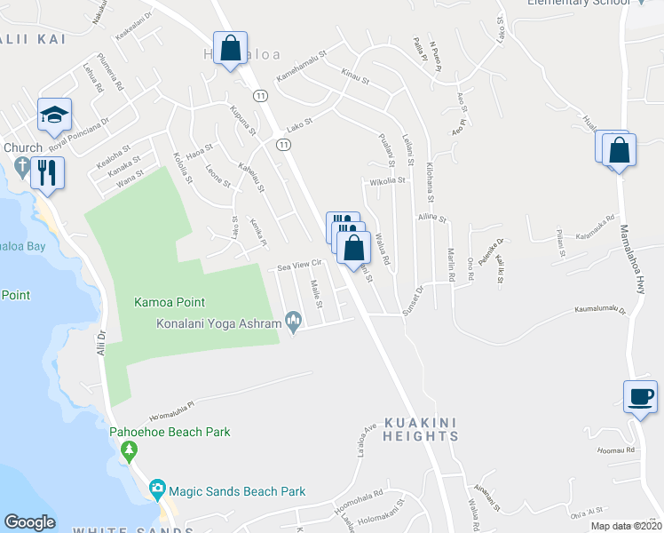 map of restaurants, bars, coffee shops, grocery stores, and more near 77-6568 Sea View Circle in Kailua-Kona
