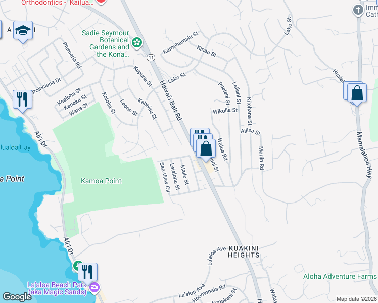 map of restaurants, bars, coffee shops, grocery stores, and more near 77-6389 Kupuna Street in Kailua-Kona