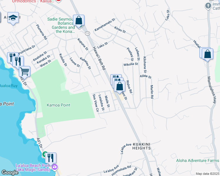 map of restaurants, bars, coffee shops, grocery stores, and more near 77-6573 Sea View Circle in Kailua-Kona