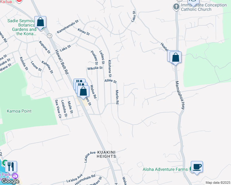 map of restaurants, bars, coffee shops, grocery stores, and more near 77-6454 Marlin Road in Kailua-Kona
