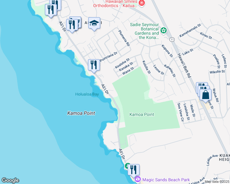 map of restaurants, bars, coffee shops, grocery stores, and more near 76-134 Heʻenalu Road in Kailua-Kona